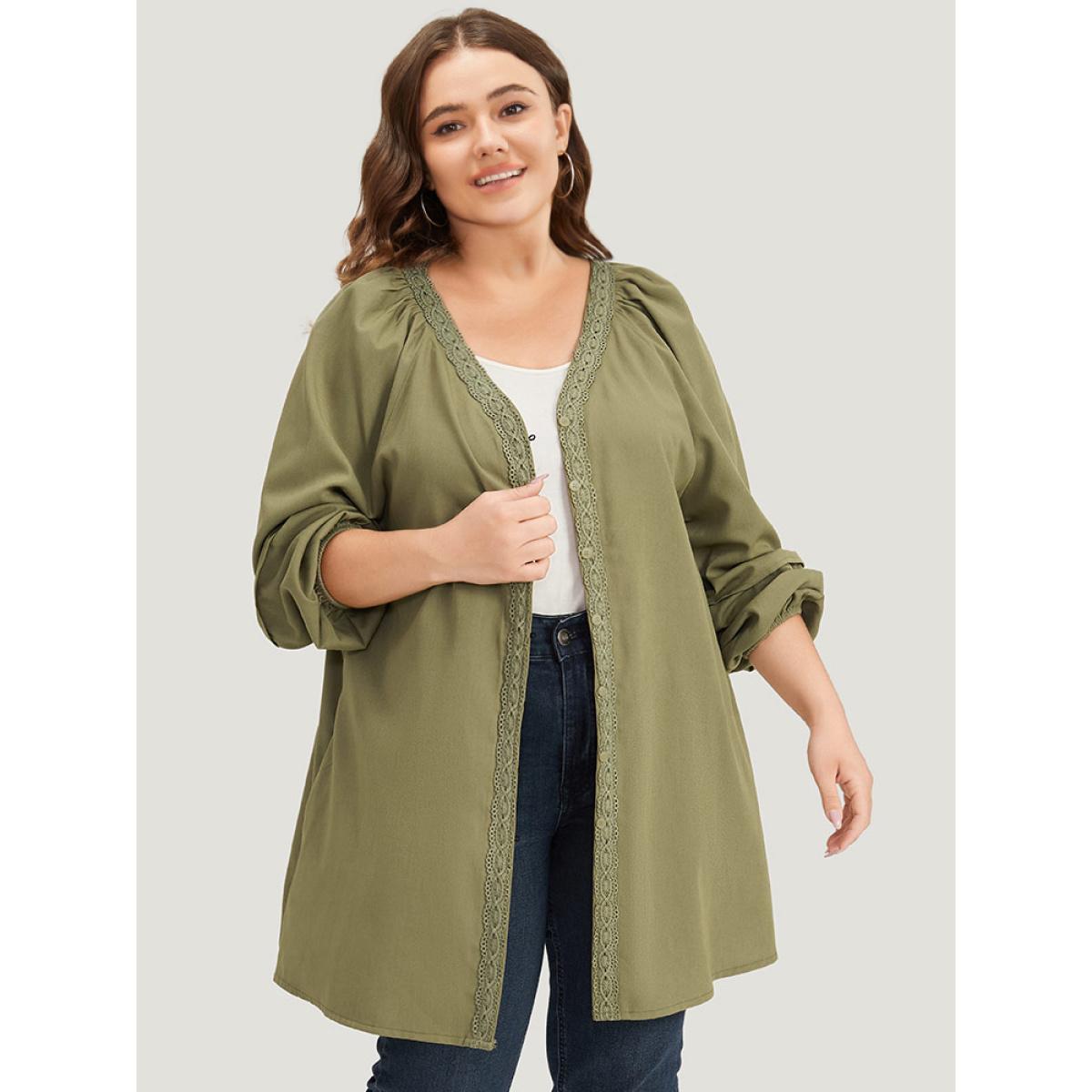 Plus Size Plain Contrast Lace Lantern Sleeve Button Fly Coat Women Sage Casual Elastic cuffs Ladies Dailywear Winter Coats BloomChic 18-20/2X Product Image