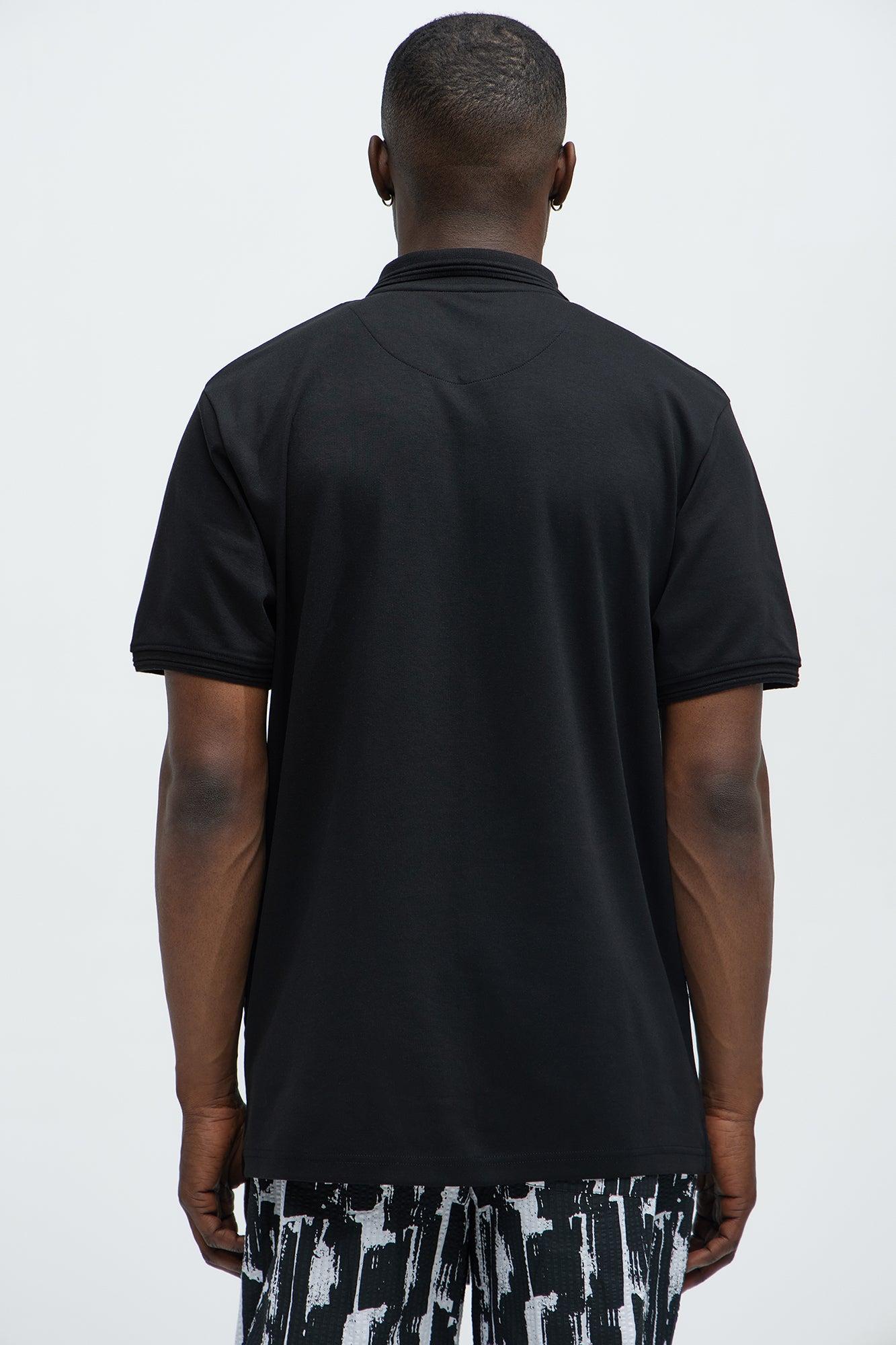Textured Zip Collar Short Sleeve Polo - Black Product Image