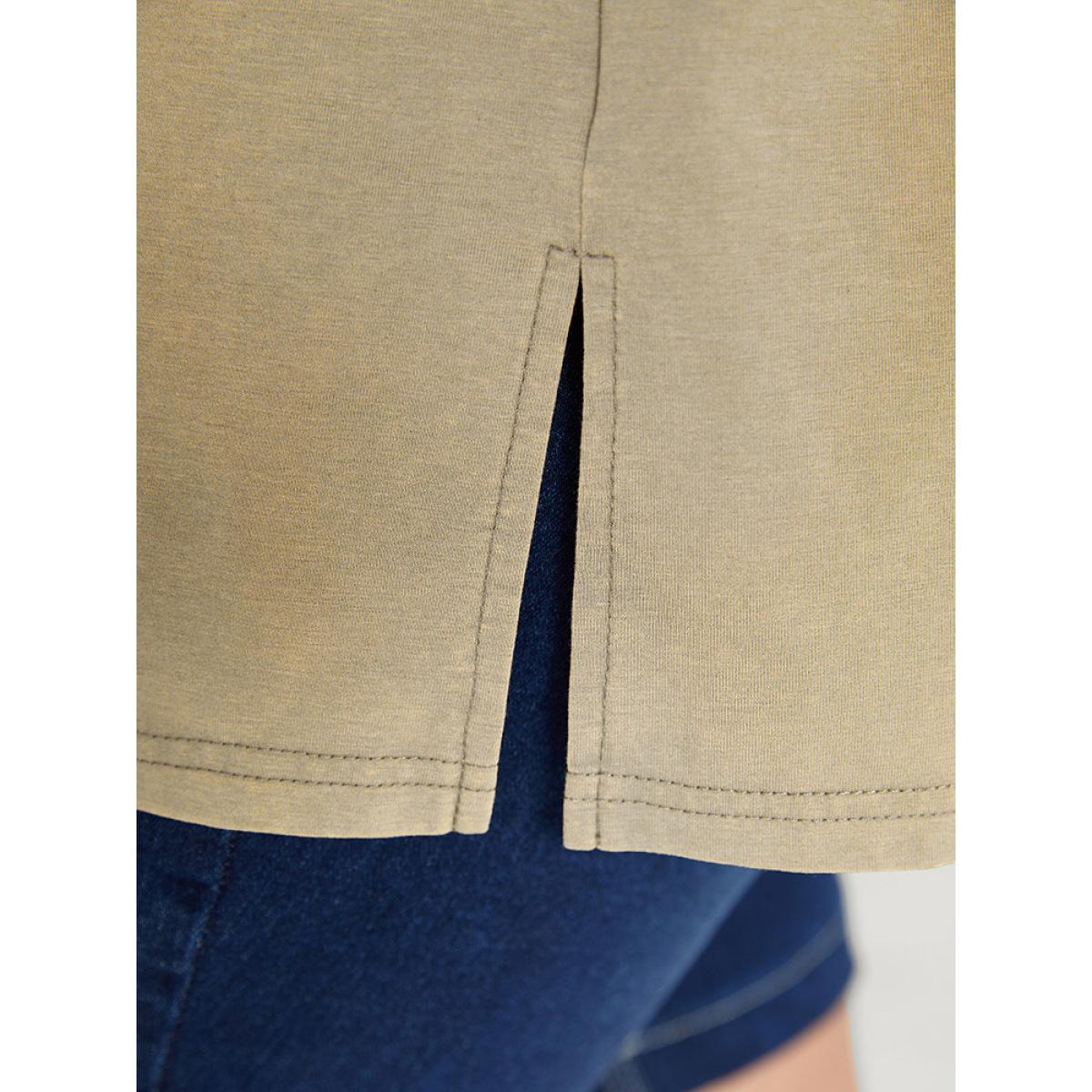 Plus Size Solid Vintage Roll Sleeve Pocket Split Hem T-shirt Sage Women Casual Slit Plain V-neck Dailywear T-shirts BloomChic 10/M Product Image