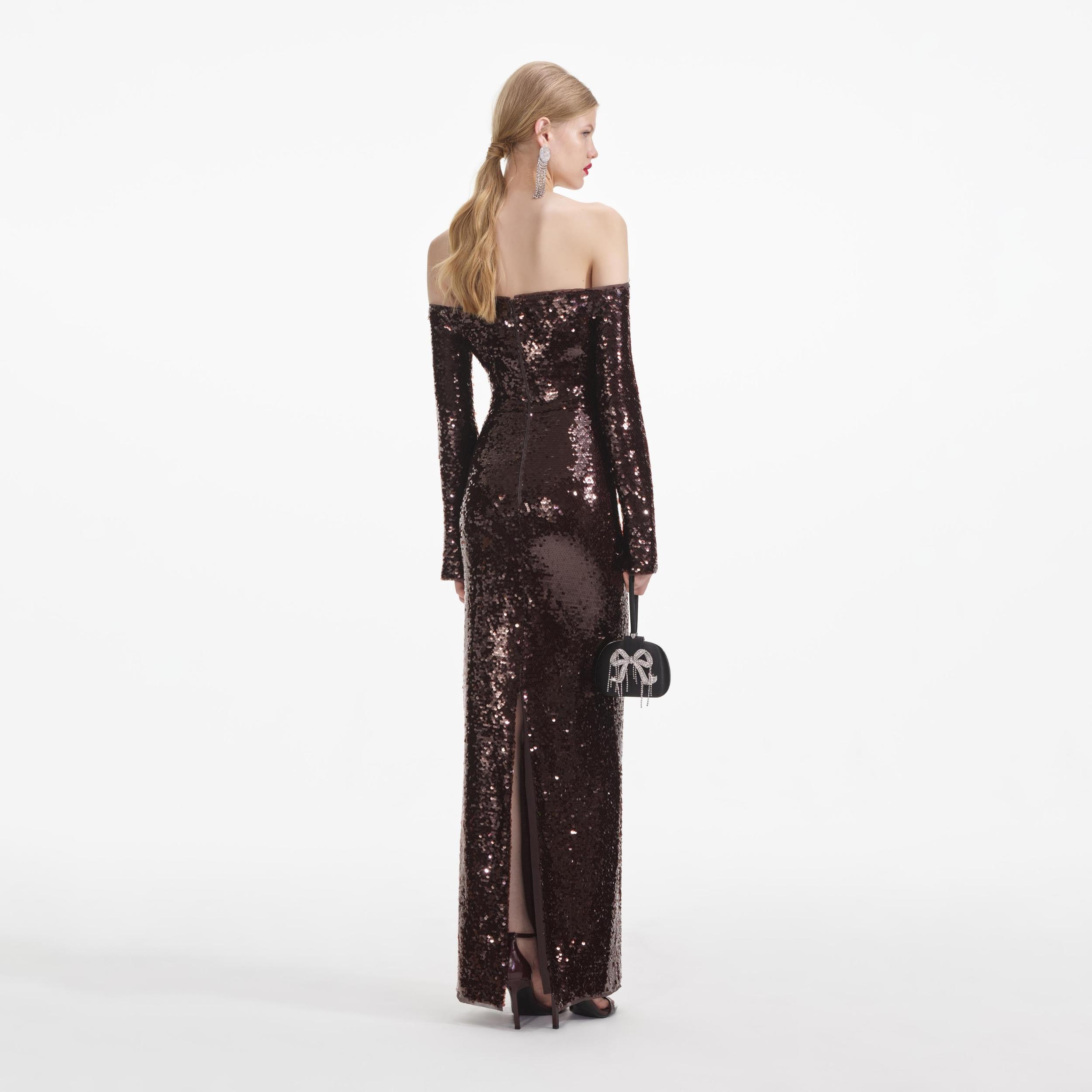 Brown Sequin Off Shoulder Maxi Dress Product Image