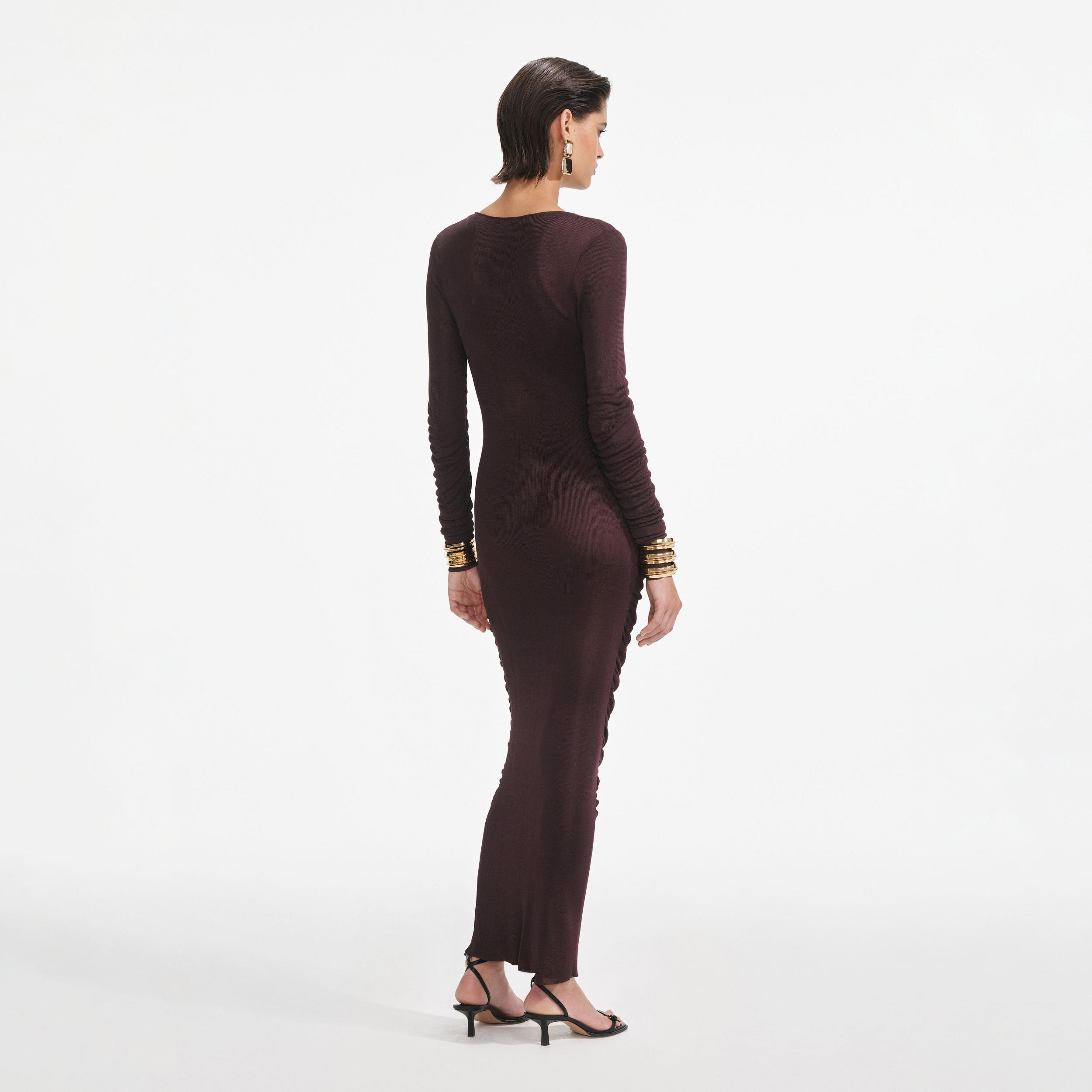 Brown Gathered Viscose Knit Midi Dress Product Image