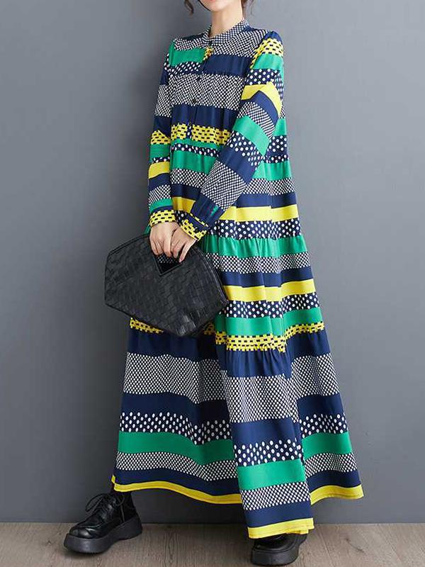 A-Line Long Sleeves Buttoned Polka-Dot Split-Joint Round-Neck Midi Dresses Product Image
