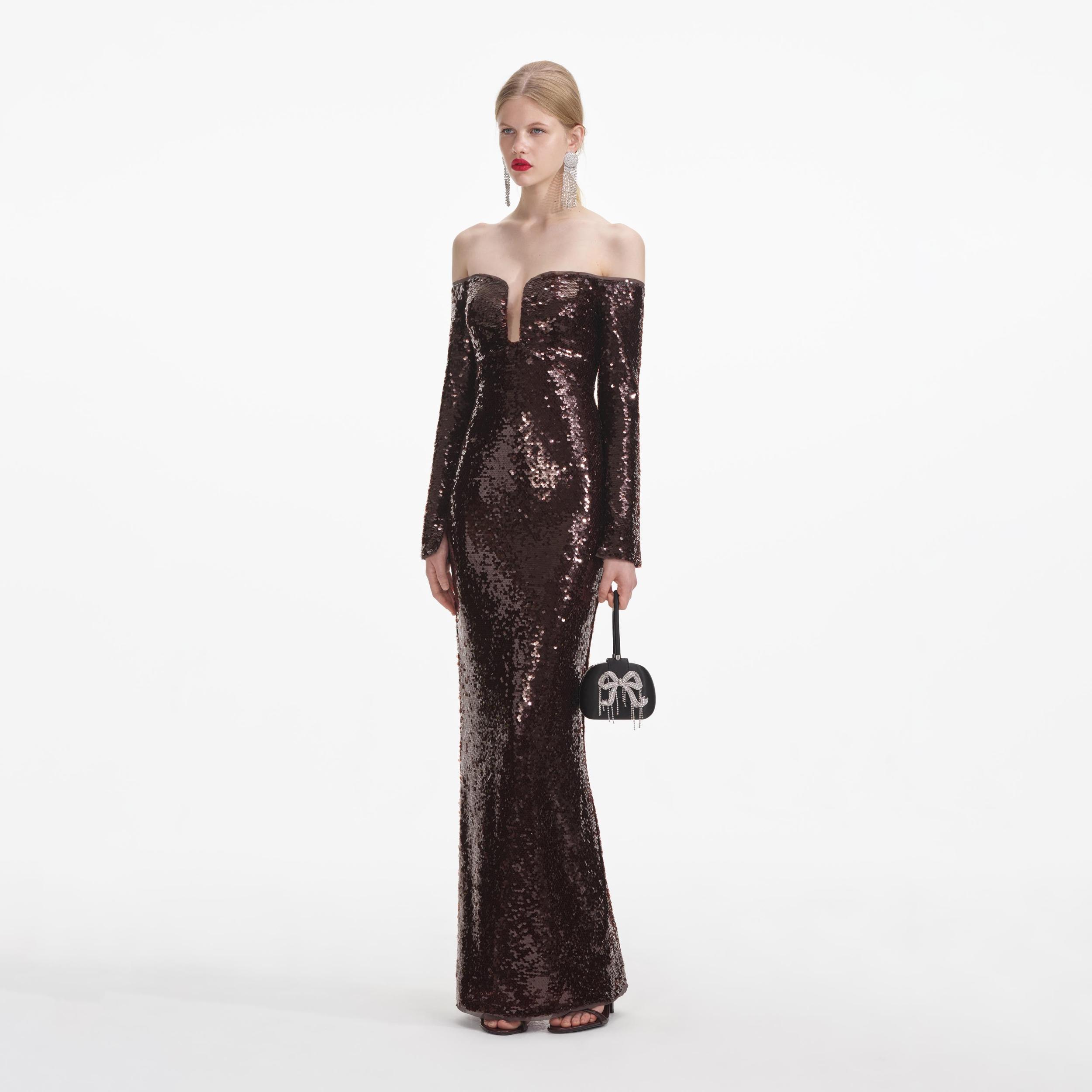 Brown Sequin Off Shoulder Maxi Dress Product Image