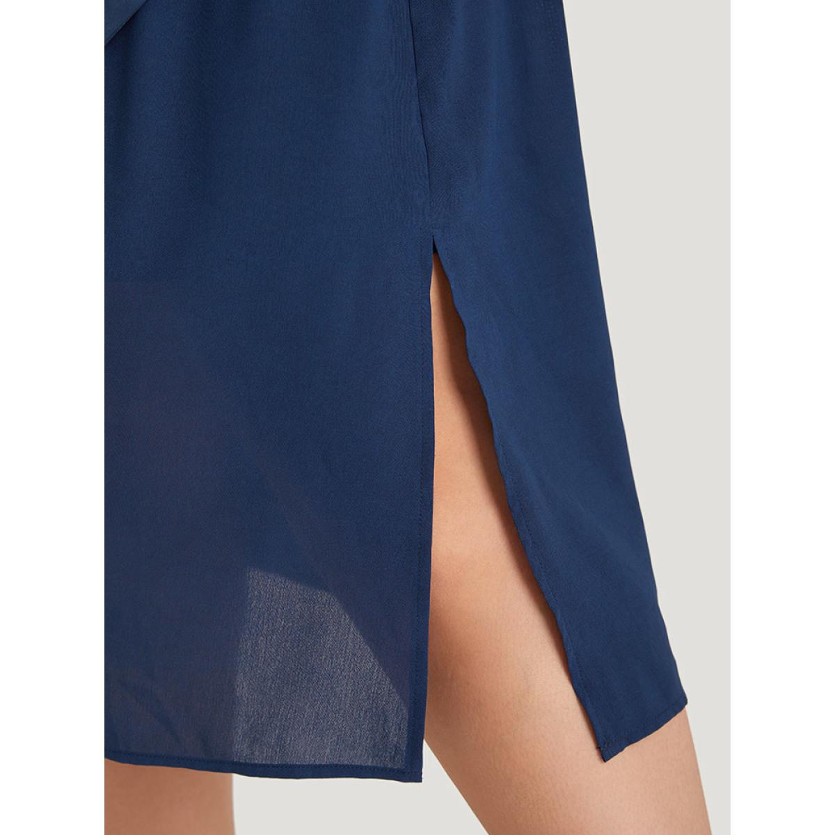 Plus Size Plain Wrap Belted Ruffles Split Hem Dress DarkBlue Women Elegant V-neck Short sleeve Curvy Midi Dress BloomChic 14-16/1X Product Image