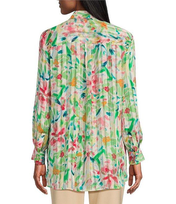 Investments Woven Multi Airbrush Floral Long Sleeve Point Collar Button Front Top Product Image