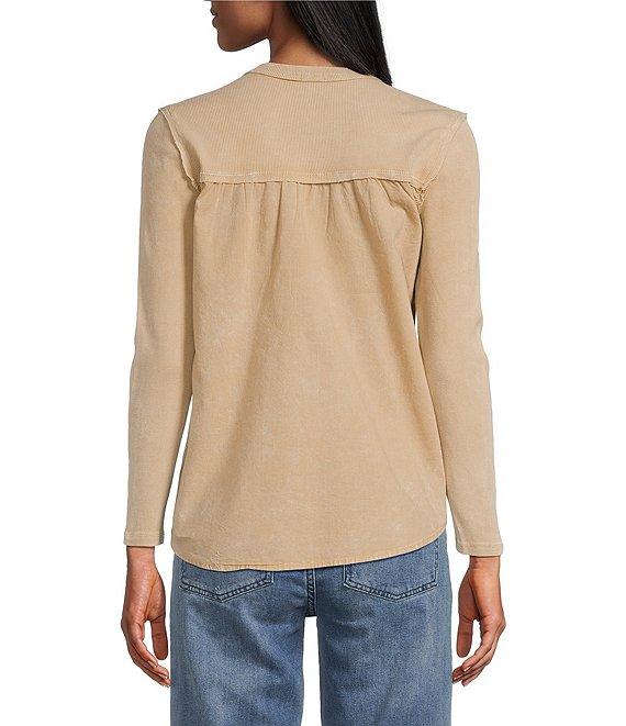 Reba Woven Voile Knit Rib Henley V-Neck Long Sleeve Trapeze Top Product Image