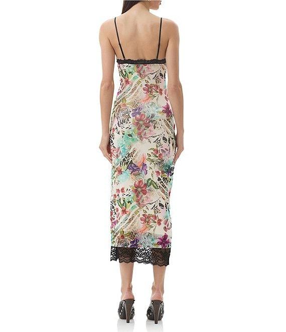 AFRM Nissa Floral Mesh V-Neck Sleeveless Spaghetti Strap Lace Trim Sheath Midi Dress Product Image