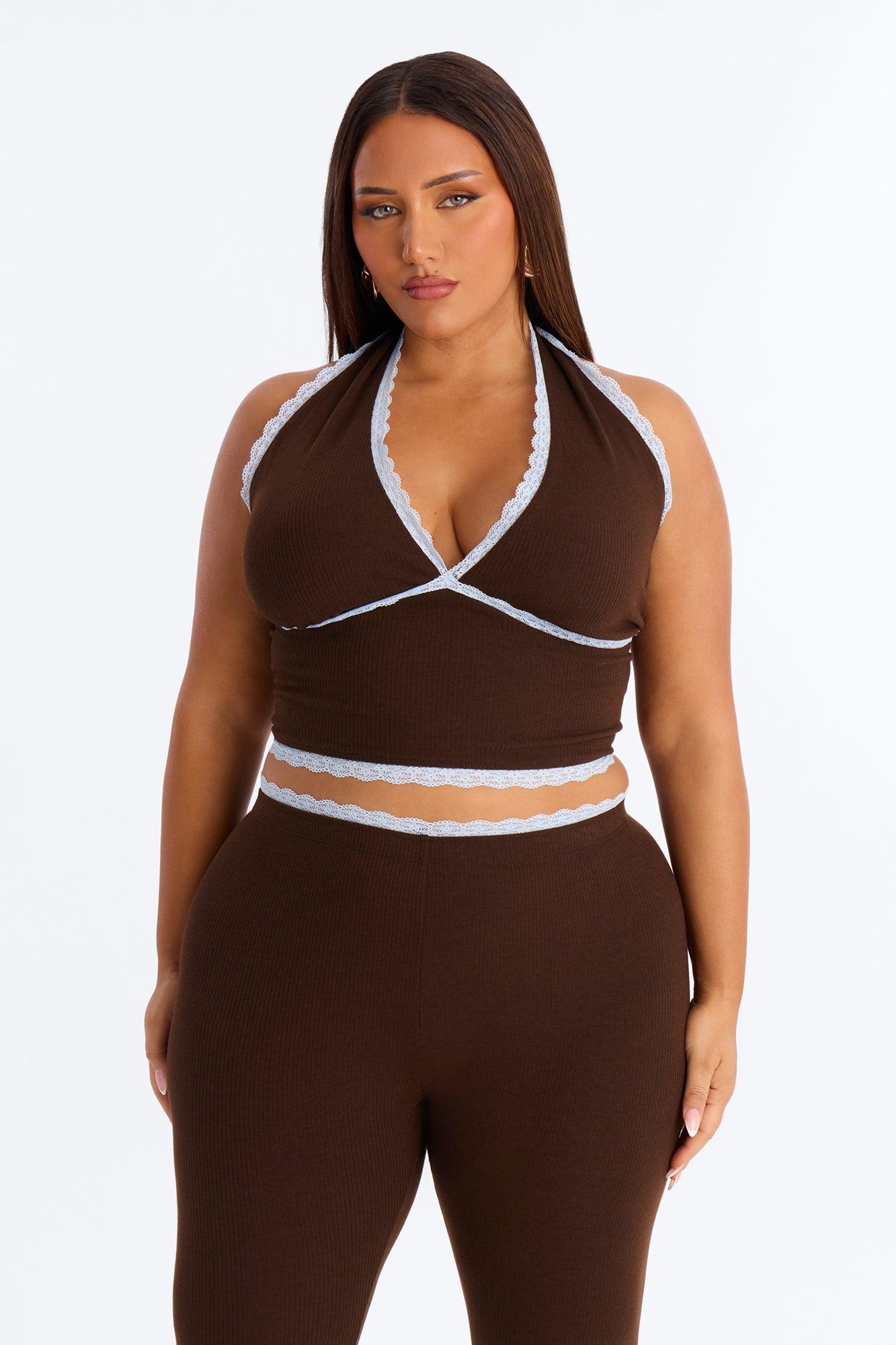 Your's Truly Halter Laced Ribbed Capri Set - Chocolate/Combo Female Product Image