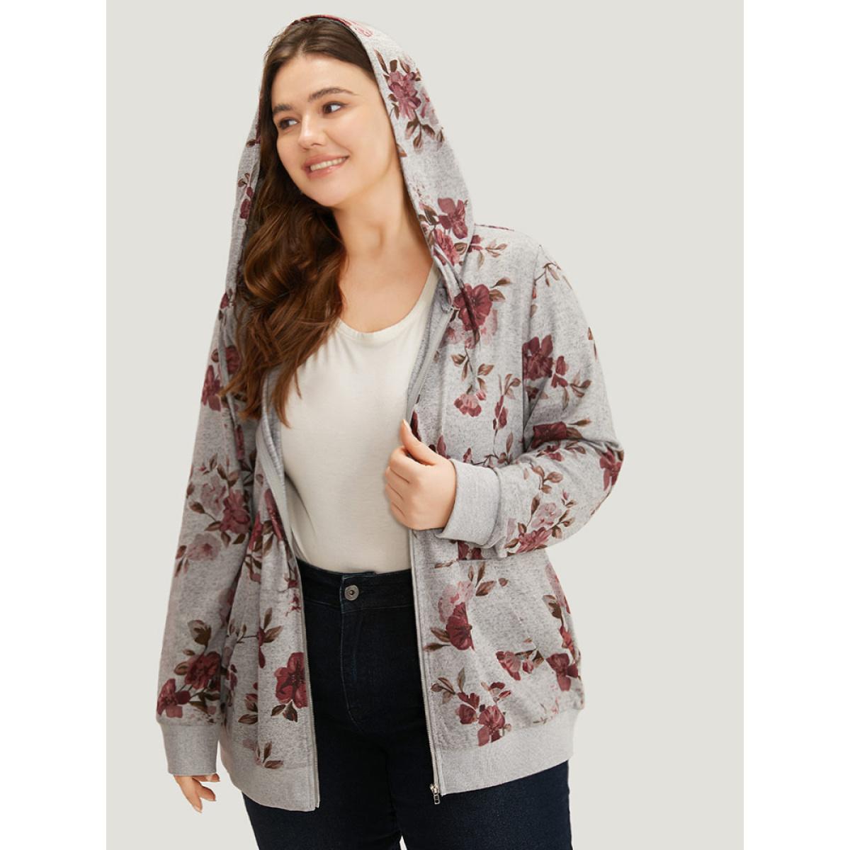 Plus Size Floral Print Pocket Drawstring Hooded Sweatshirt Women Gray Casual Printed Hooded Dailywear Sweatshirts BloomChic 22-24/3X Product Image