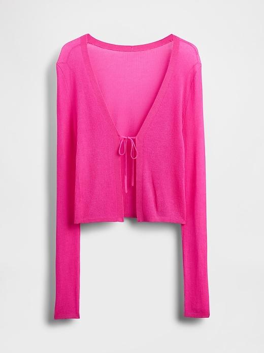 Sheer Rib Tie-Front Crop Cardigan Sweater Product Image