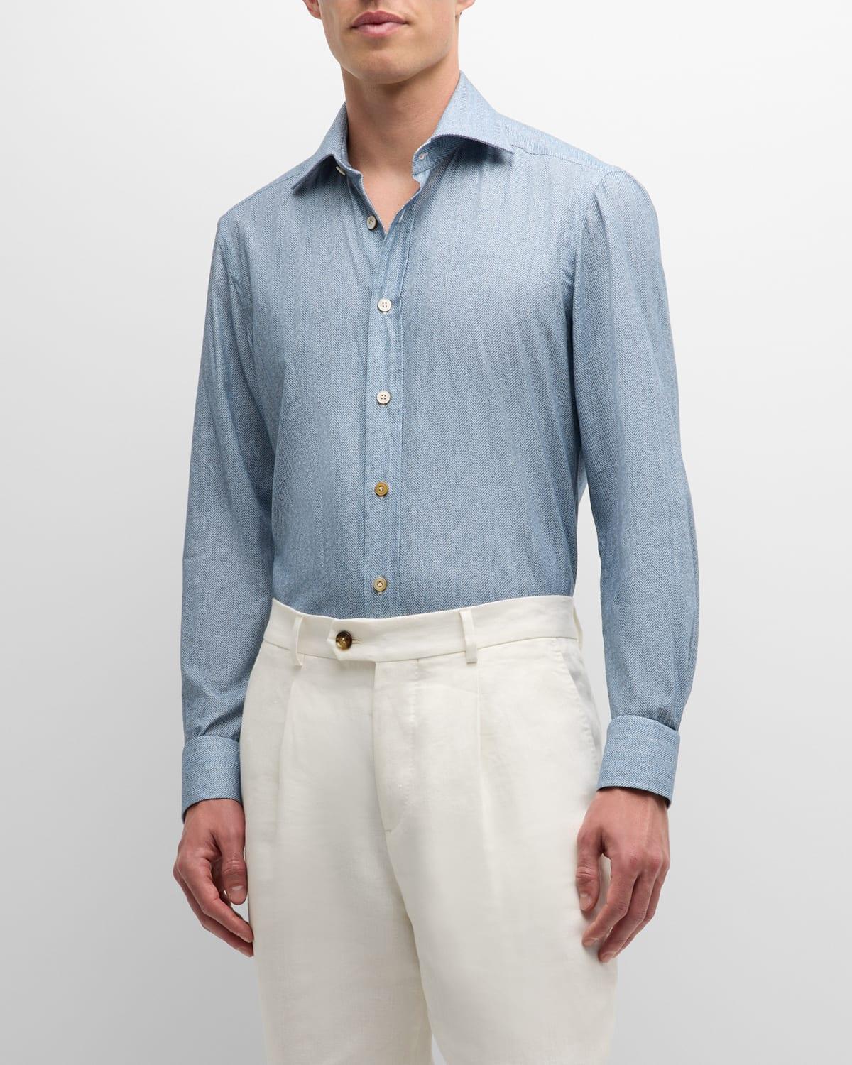Men's Cotton Herringbone-Print Sport Shirt Product Image