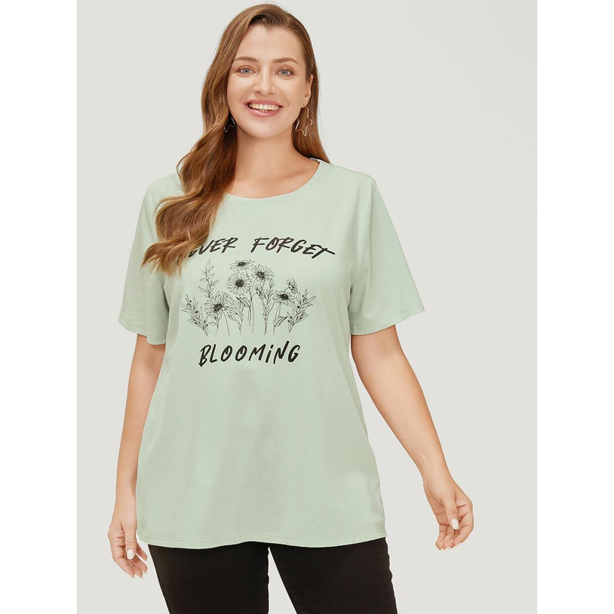 Plus Size Sunflower & Letter Print Slightly Stretchy Short Sleeve T-shirt LightGreen Women Casual Natural Flowers Dailywear T-shirts BloomChic 14-16/1X Product Image