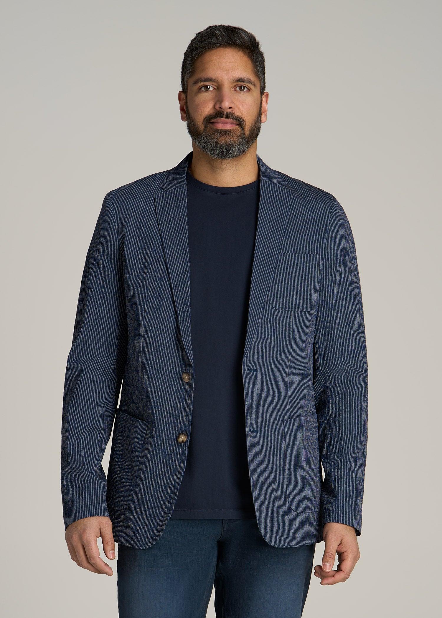 Stretch Seersucker Blazer for Tall Men in Navy and Off White Stripe Male Product Image