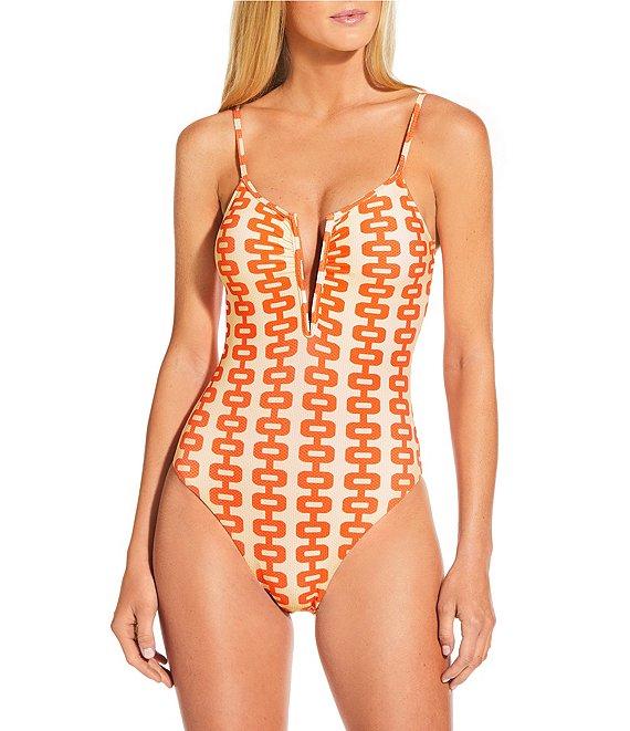 Gianni Bini Retro Fille Pique Textured V-Wire Plunge One Piece Swimsuit Product Image