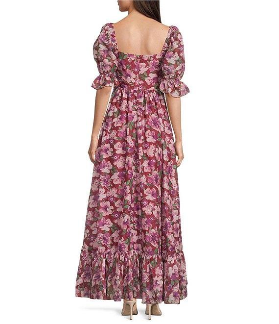 Terani Couture Sweetheart Neck Short Sleeve Floral Chiffon Ruffle Front Maxi Dress Product Image