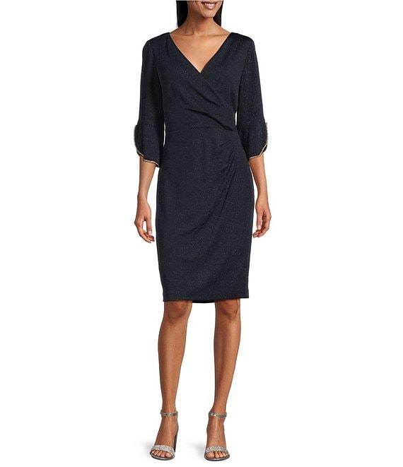 Le Bos Glitter Knit 3/4 Bell Sleeve Faux Wrap Dress Product Image