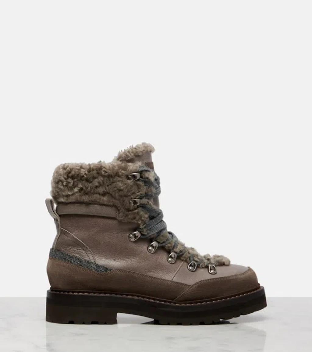 BRUNELLO CUCINELLI Bead-embellished Shearling-trimmed Leather Ankle Boots In Multi Product Image