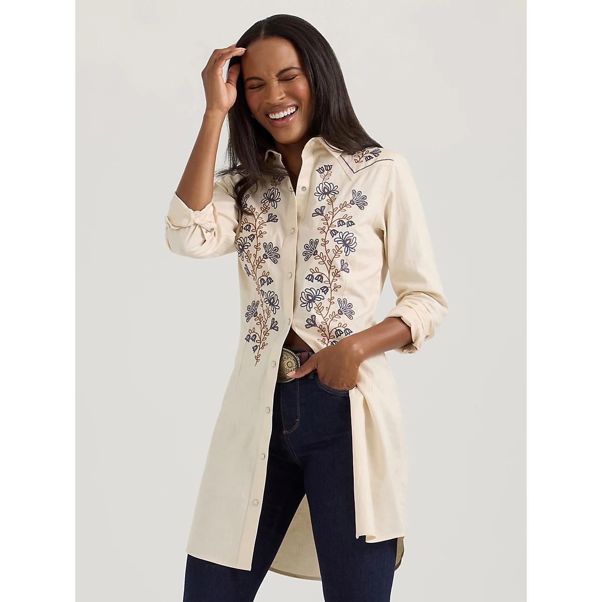 Women's Embroidered Wildflower Western Snap Shirt Dress | Women's DRESSES & JUMPSUITS | Wrangler® Product Image