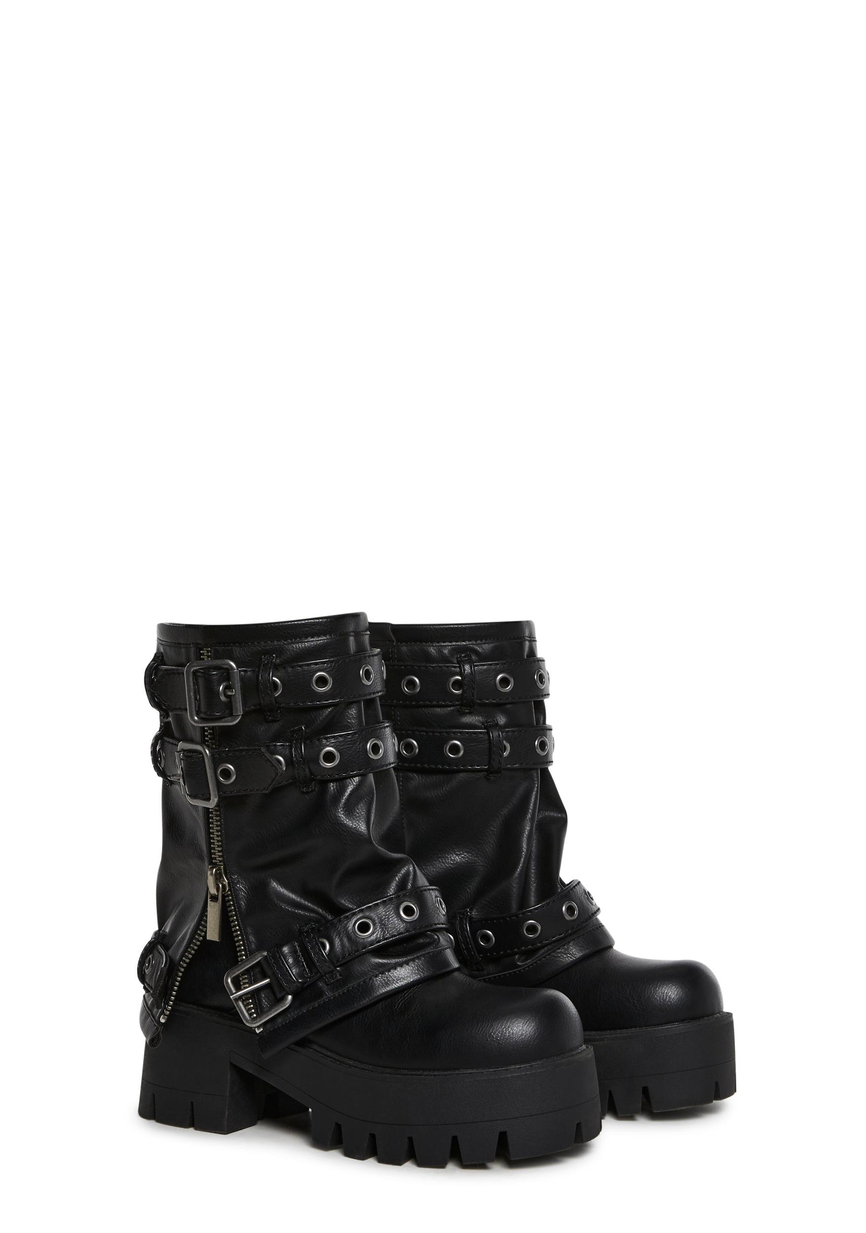 Vegan Leather Multi Buckle Mid Calf Zippered Combat Boots Darker Wavs - Black Product Image