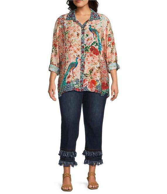 John Mark Plus Size Floral Multi Woven Point Collar Long Roll-Tab Sleeve Button Front Shirt Product Image