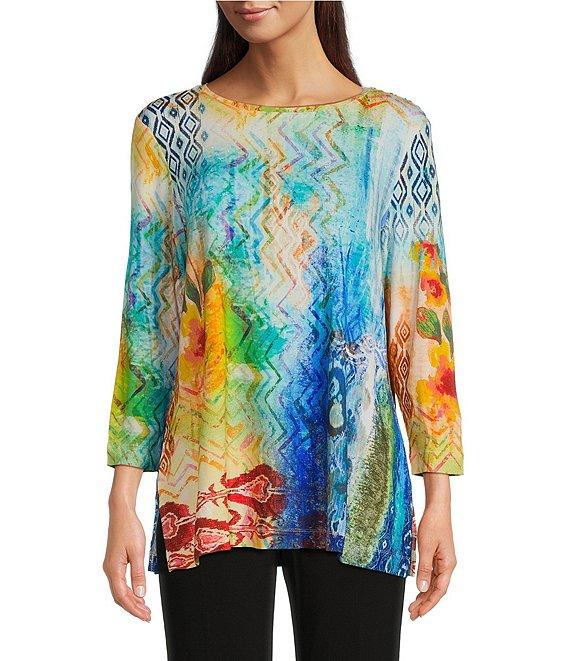 Ali Miles Petite Size Knit Abstract Print Boat Neck 3/4 Sleeve Top Product Image