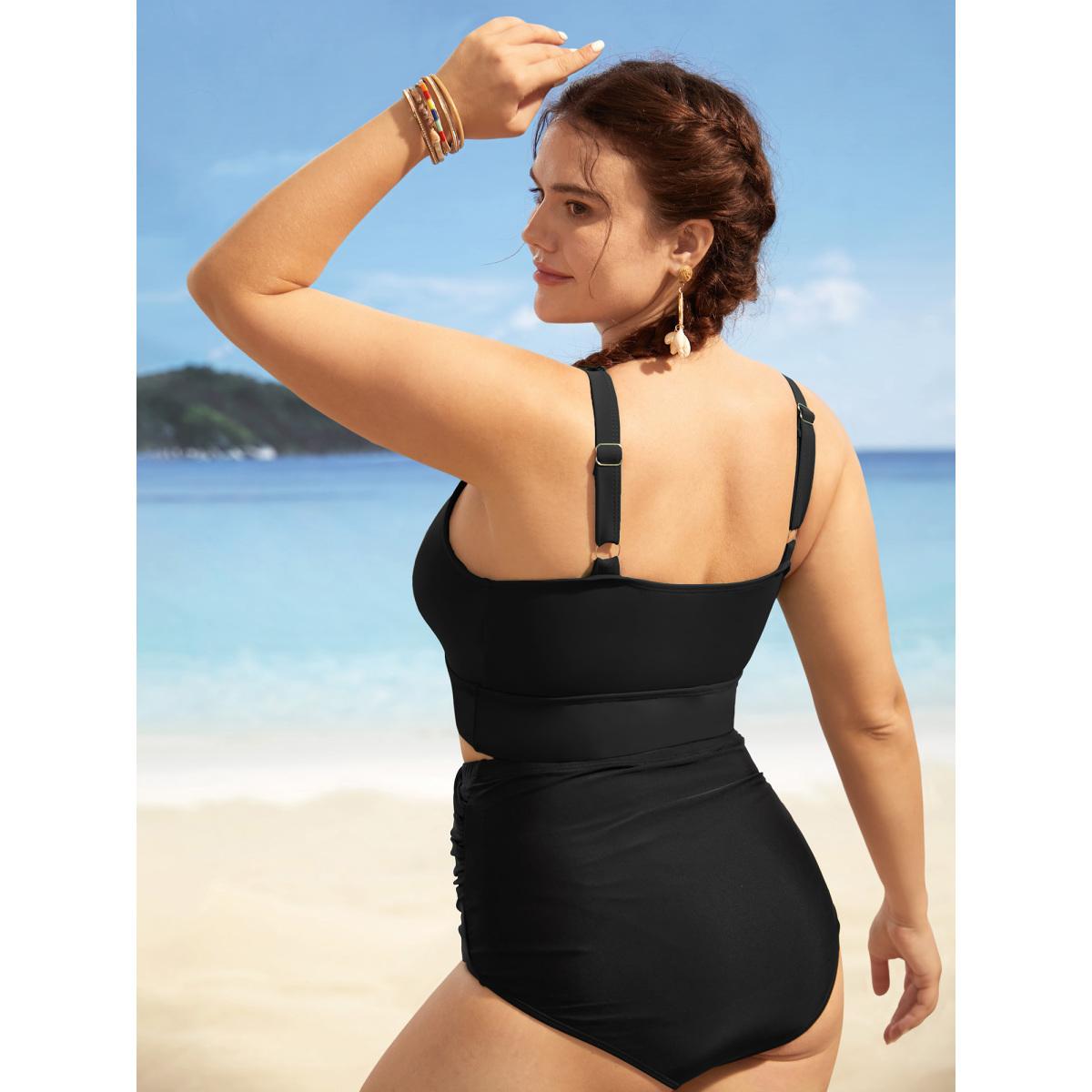 Plus Size Solid Ruffle Surplice Neck Trim Swim Top Women's Swimwear Black Resort Ruffles High stretch Skinny Overlap Collar Curve Swim Tops BloomChic 26/4X Product Image