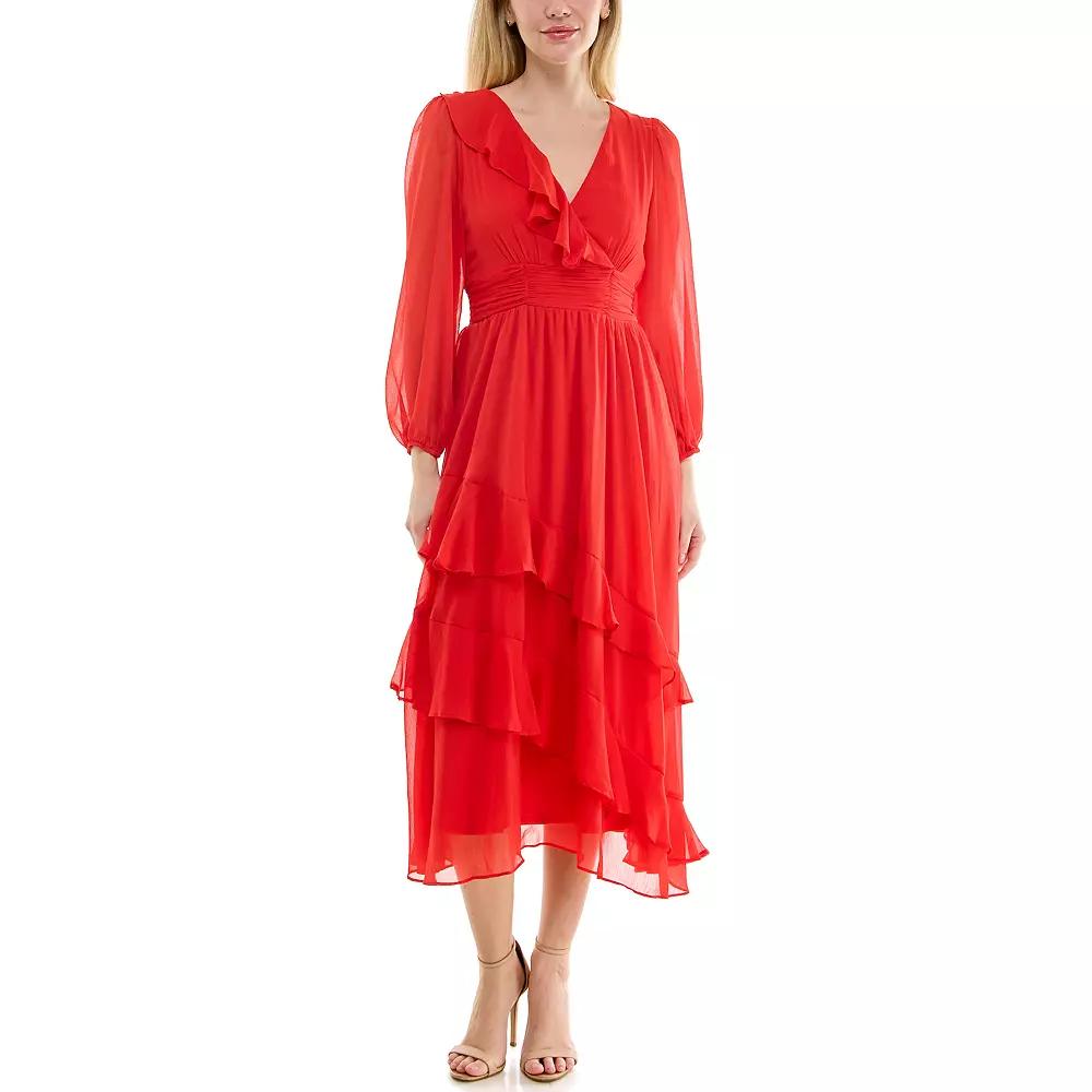 Women's Maison Tara Ruffle Neckline Cumberbund Waist Ruffle Tiered Skirt Maxi Dress,  Product Image