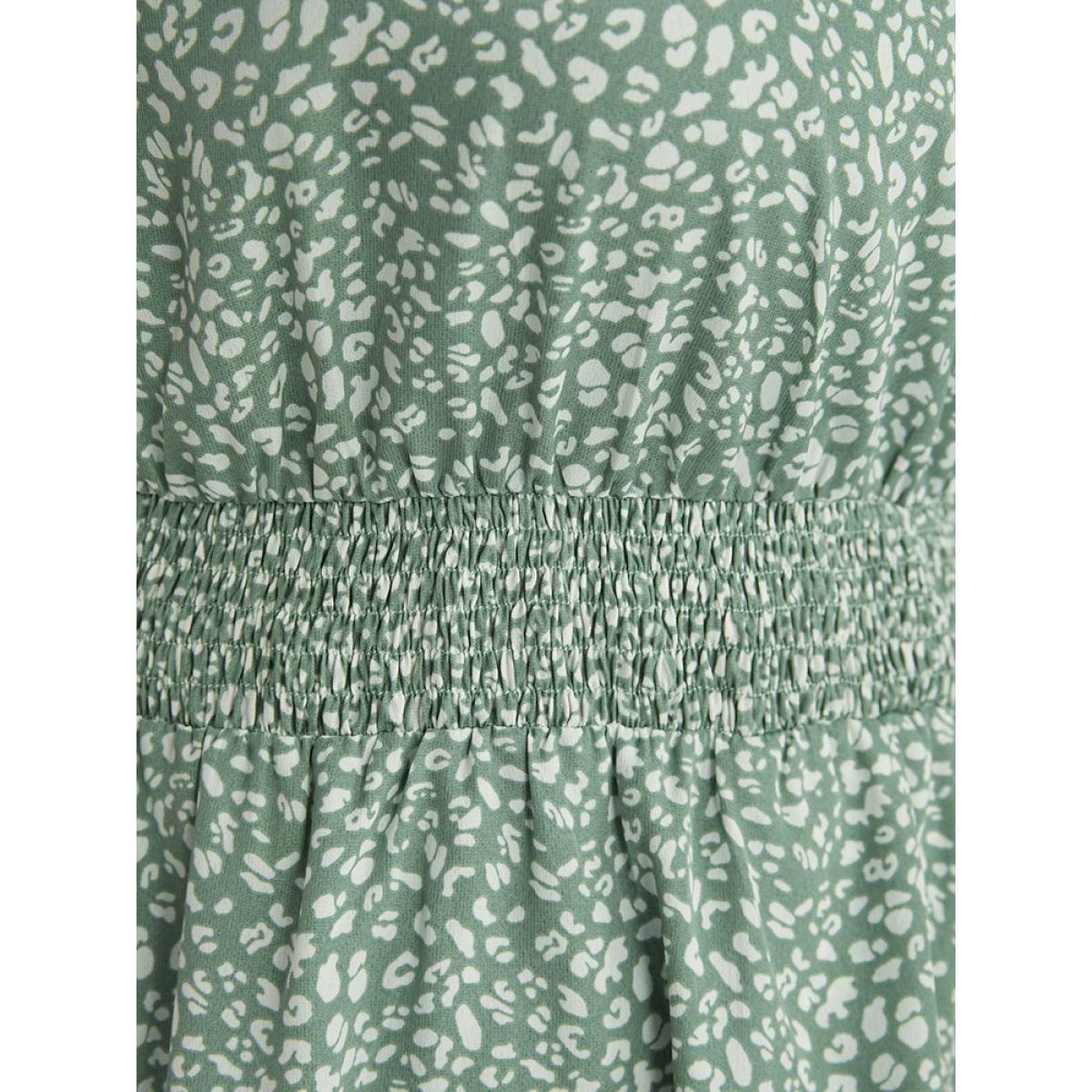 Plus Size Leopard Print Lantern Sleeve Shirred Pocket Flutter Knee Dress Green Women Elegant Elastic Waist Round Neck Long Sleeve Curvy Knee Dress BloomChic 26/4X Product Image