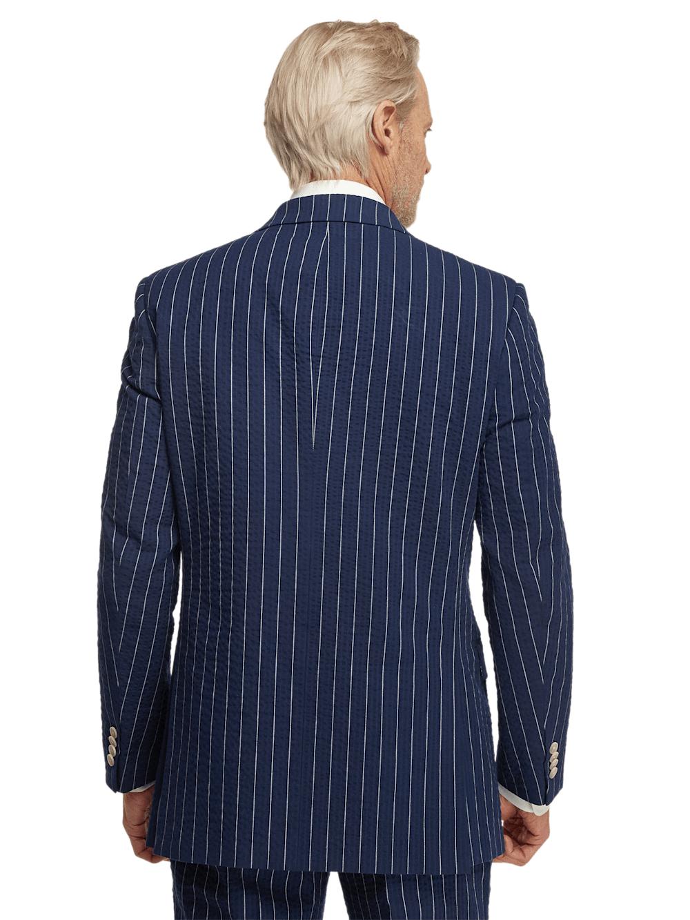 Cotton Stretch Pinstripe Seersucker Double Breasted Peak Lapel Suit Jacket - Navy Product Image