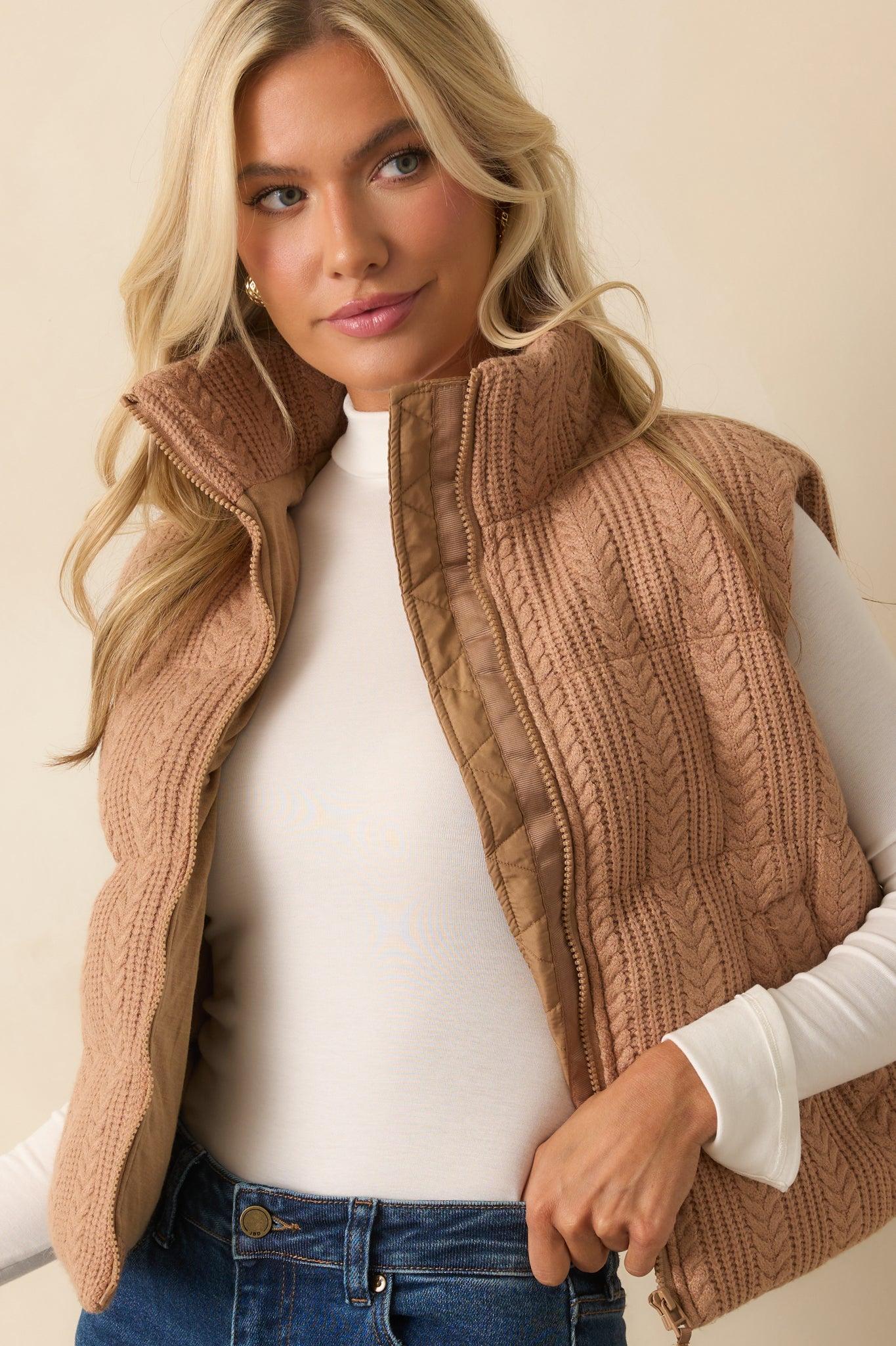 Thread & Supply Stormi Camel Brown Cable Knit Puffer Vest L / Camel Product Image