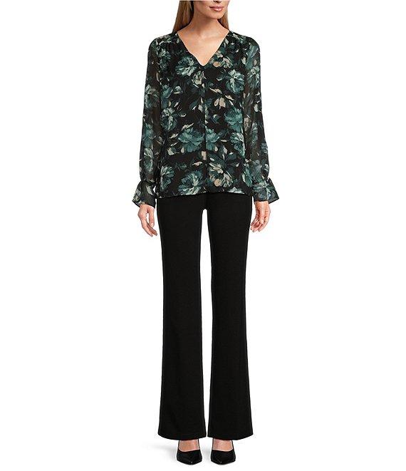 Kasper Floral Double Layer Long Puff Sleeve V-Neck Blouse Product Image