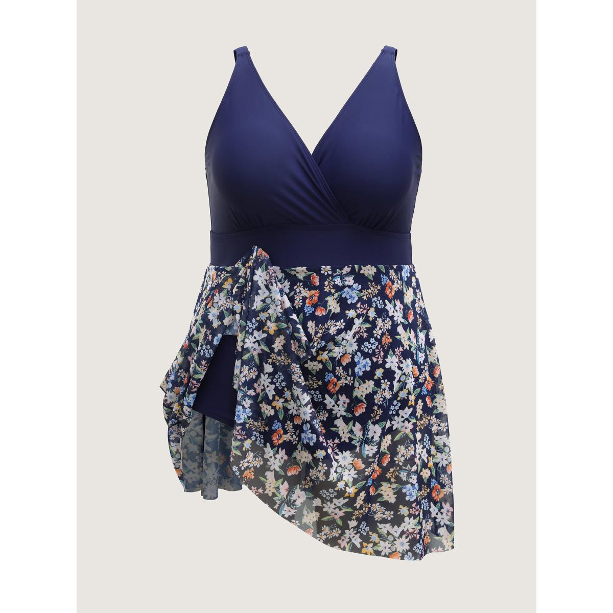 Plus Size Floral Print Sheer Color Contrast Swim Dress Women's Swimwear Indigo Beach Bodycon Overlap Collar High stretch Curve Swim Dresses BloomChic 14-16/1X Product Image