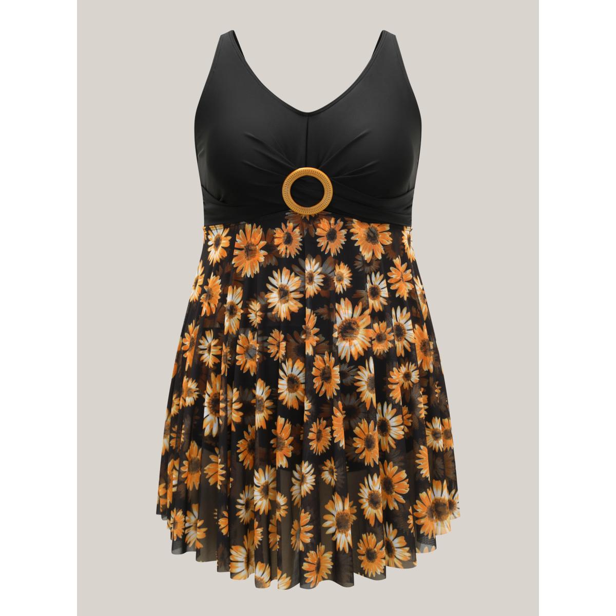 Plus Size Sunflower Pattern Mesh Contrast Swim Dress Women's Swimwear Black Beach Bodycon U-neck High stretch Curve Swim Dresses BloomChic 12/L Product Image