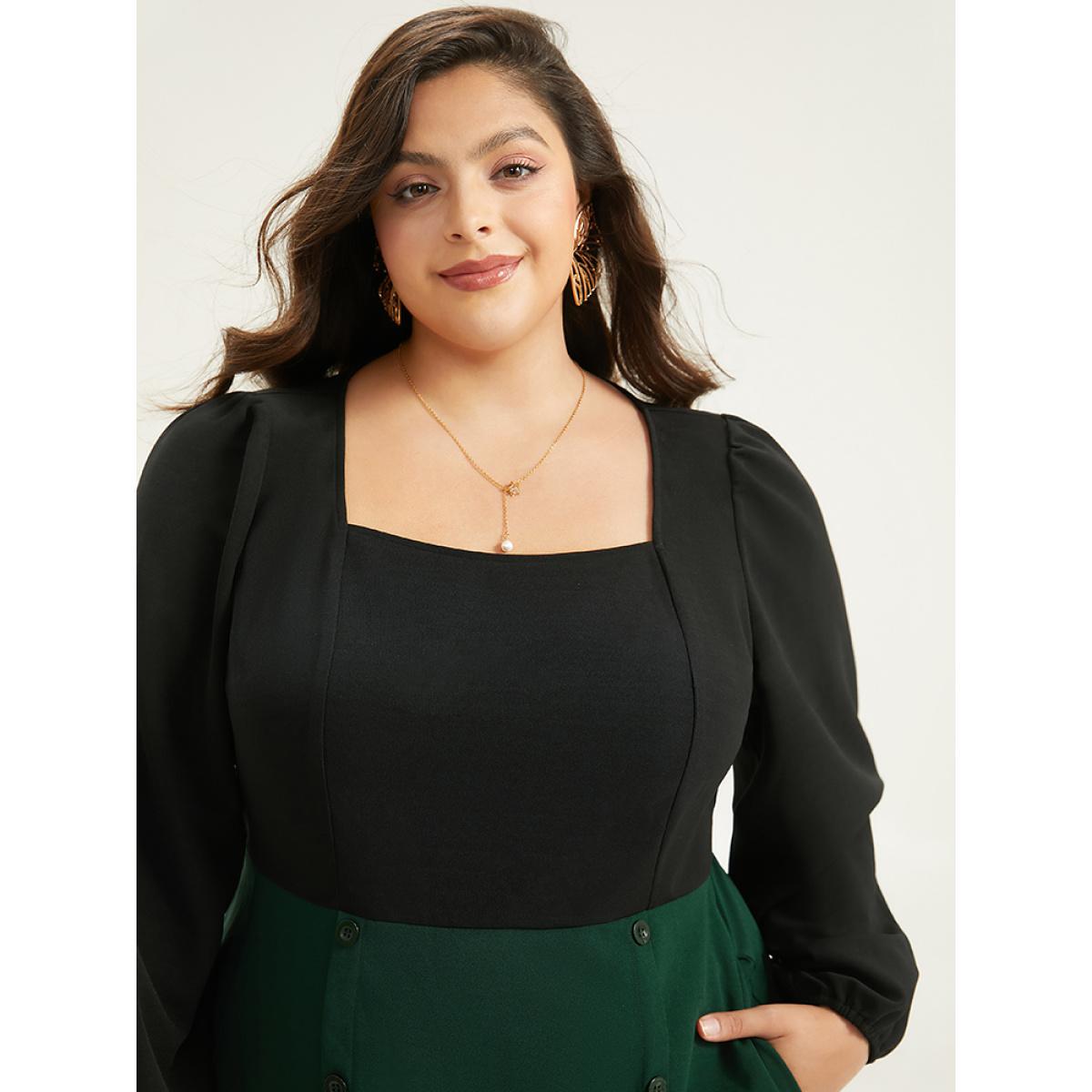 Plus Size Colorblock Patchwork Button Detail Dress DarkGreen Women Elegant Elastic cuffs Square Neck Long Sleeve Curvy Midi Dress BloomChic 22-24/3X Product Image