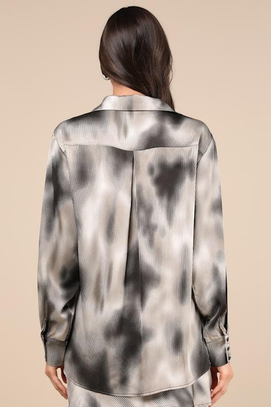 Poised Outcome Grey Multi Pinstriped Satin Button-Up Top Product Image