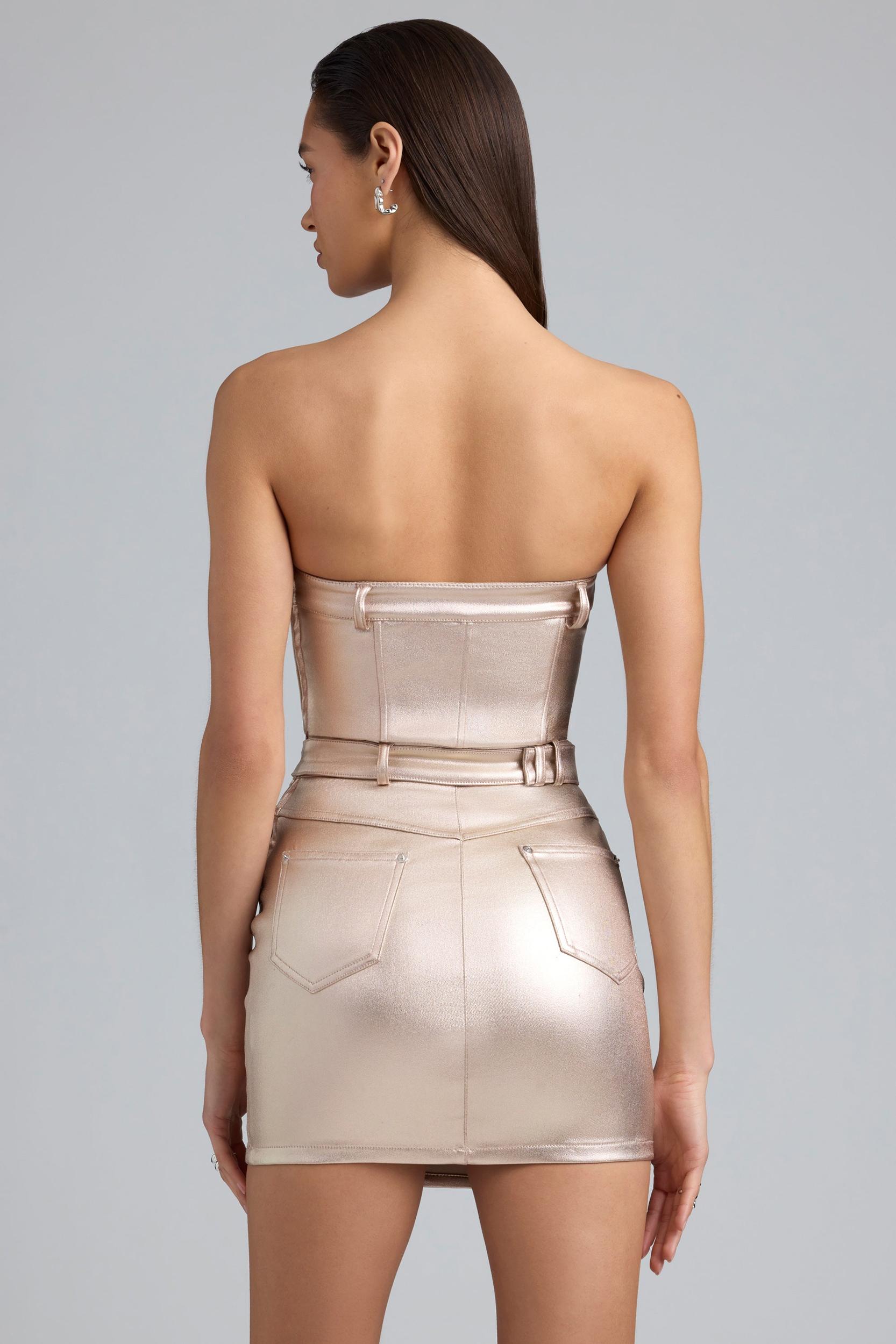 Metallic Denim Belted Strapless Mini Dress in Champagne Product Image