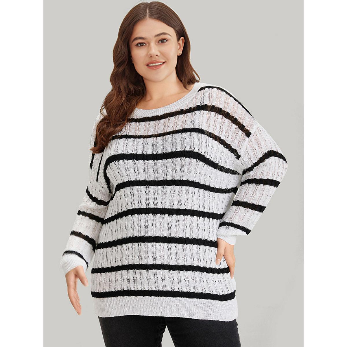 Plus Size Striped Cable Knit Drop Shoulder Pullover White Women Casual Bodycon Long Sleeve Round Neck Everyday Pullovers BloomChic 10/M Product Image