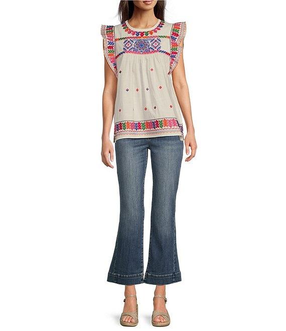 Calessa Embroidered Round Neck Ruffled Cap Sleeve Tunic Product Image