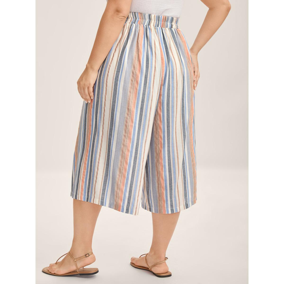 Plus Size Soft Stripes Button Wide-Leg Pants Women Multicolor Boho Wide Leg Mid Rise Vacation Pants BloomChic 22-24/3X Product Image