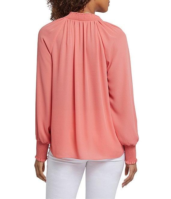 NYDJ Gemma Split V-Neck Smocked Long Sleeve Curved Hem Blouse Product Image