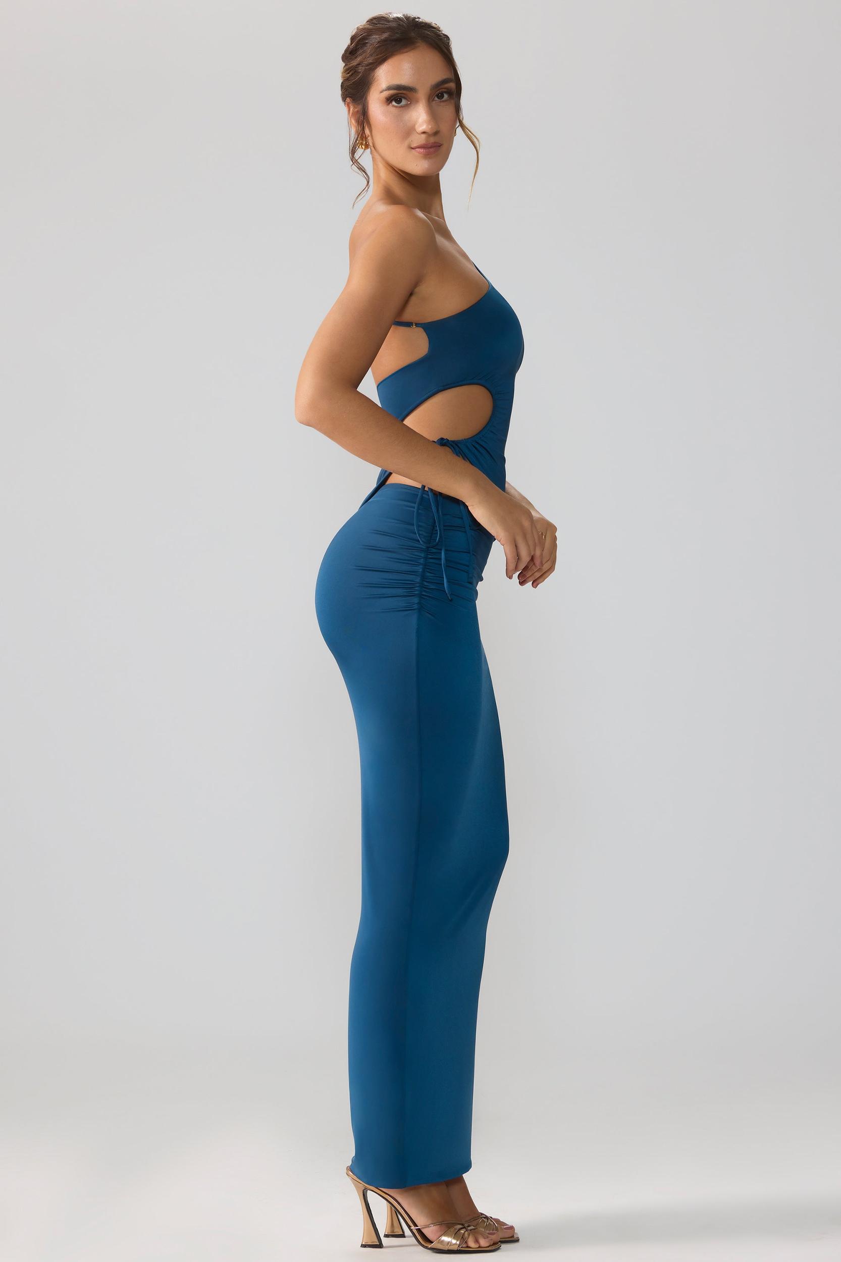 Slinky Jersey Asymmetric Waist Maxi Skirt in Midnight Blue Product Image