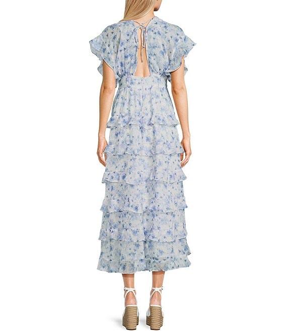 Storia Floral Print Deep V-Neck Flutter Sleeve Tiered Midi Dress Product Image
