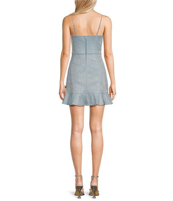 Midnight Doll Square Neck Rhinestone Spaghetti Strap Ruffle Hem Dress Product Image