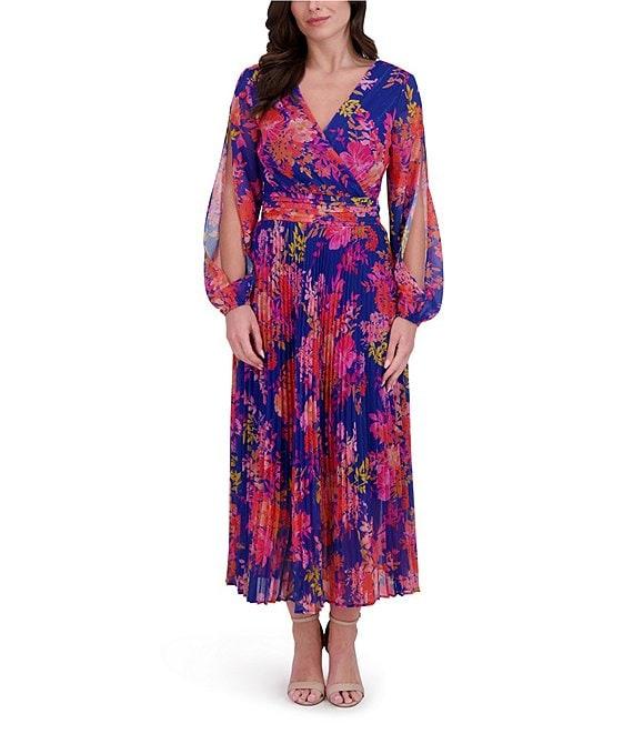 SIENA Chiffon Floral Print Pleated V-Neck Long Cutout Sleeve Maxi Dress Product Image