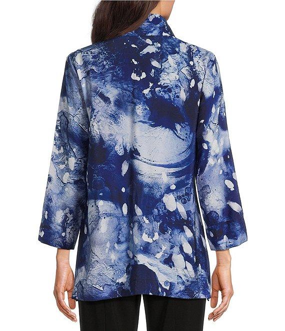 Ali Miles Woven Abstract Print Wire Collar 3/4 Sleeve Hi-Low Hem Button Front Tunic Product Image