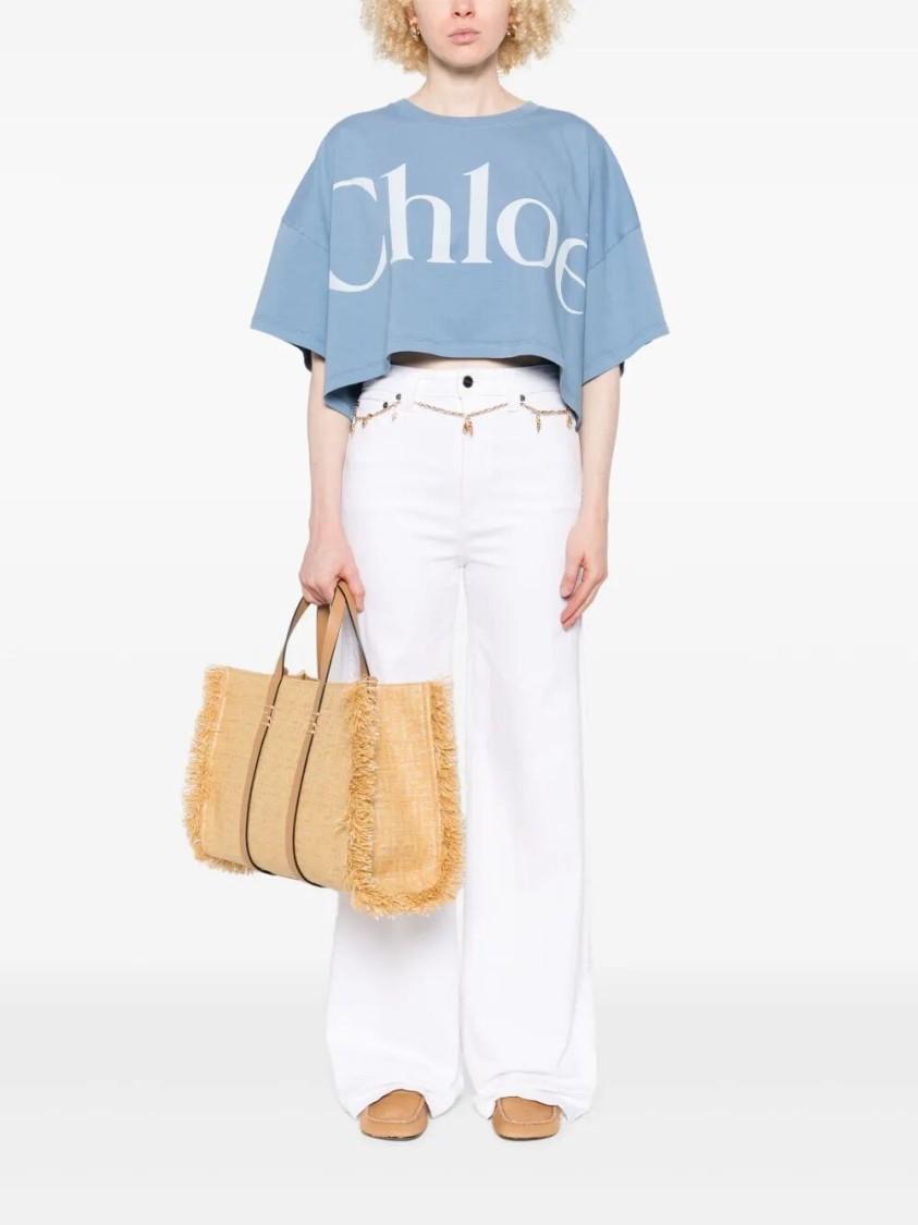 CHLOÉ Women Light Blue Jersey Cropped Logo T-shirt Product Image