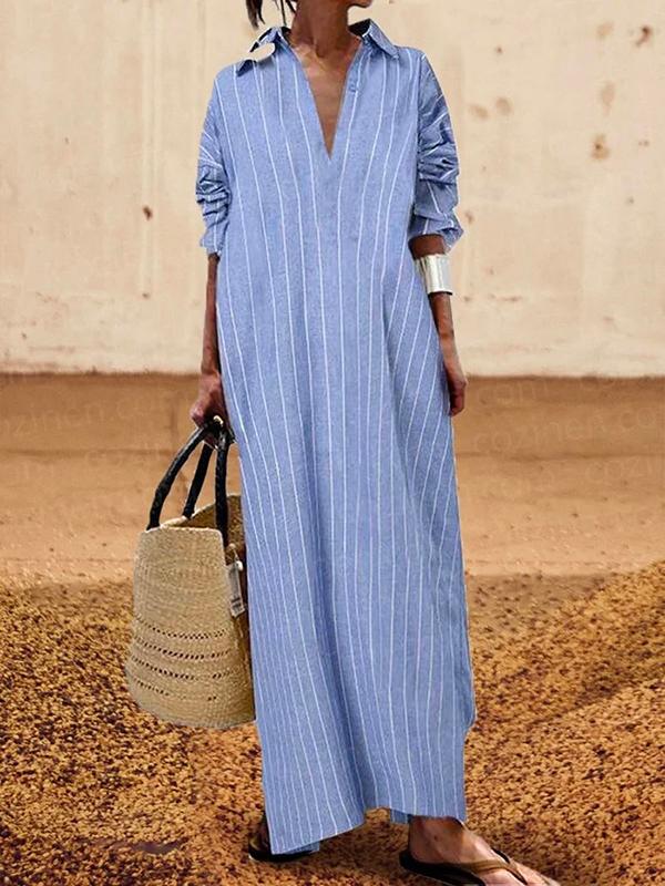 Long Sleeves Striped Lapel Maxi Dresses Product Image