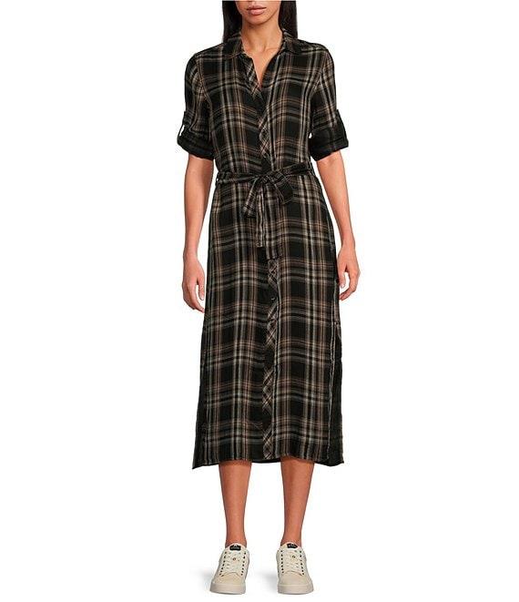 Cloth & Stone Woven Split V-Neck Long Roll Tab Sleeve Button Front Belted Duster Product Image