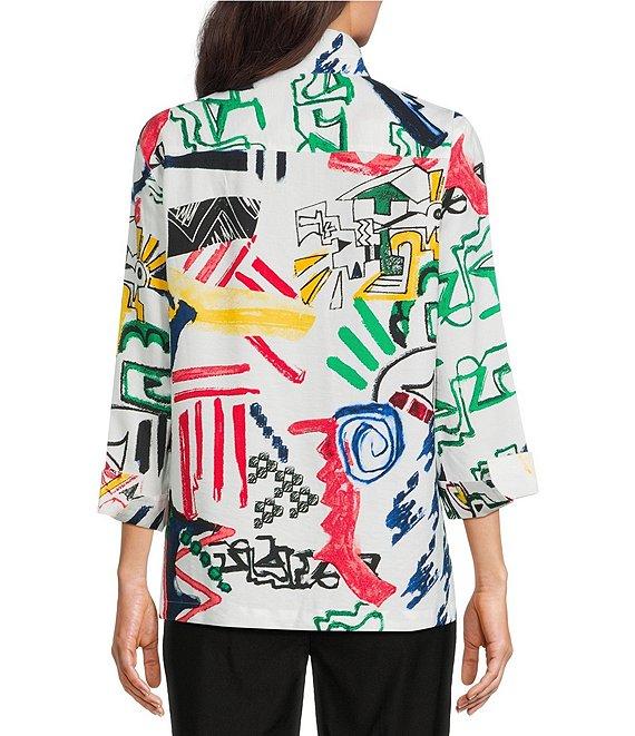 Ali Miles Woven Abstract Doodle Print Wire Collar 3/4 Sleeve Button Front Tunic Product Image