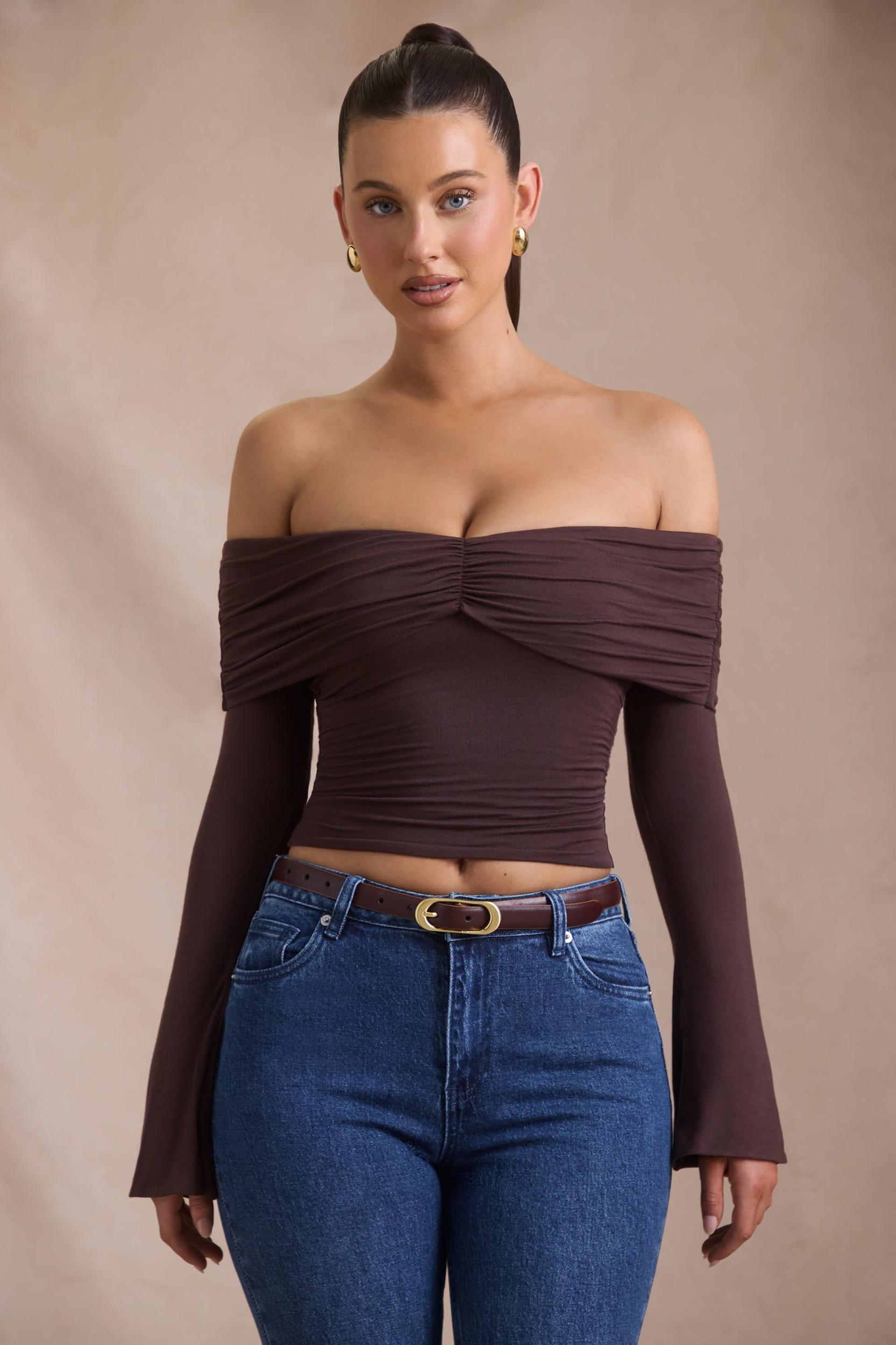Modal-Cashmere Blend Off-Shoulder Ruched Top in Espresso Product Image